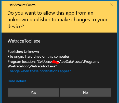 Windows UAC prompt asking permission to run WetraceTool.exe