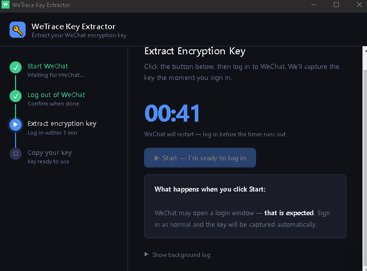 WetraceTool step 3 — Extract Encryption Key, showing a 00:41 countdown timer and a "Start — I'm ready to log in" button