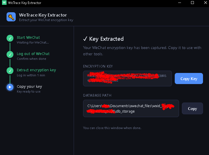 WetraceTool step 4 — Key Extracted, showing a redacted encryption key field with a "Copy Key" button and a database path field with a "Copy" button