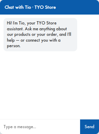 Tio, the TYO Store AI assistant, open on the storefront with its greeting
