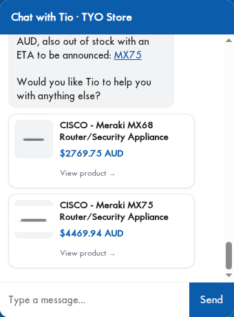 Tio showing Cisco Meraki MX security appliances as product cards with prices and links