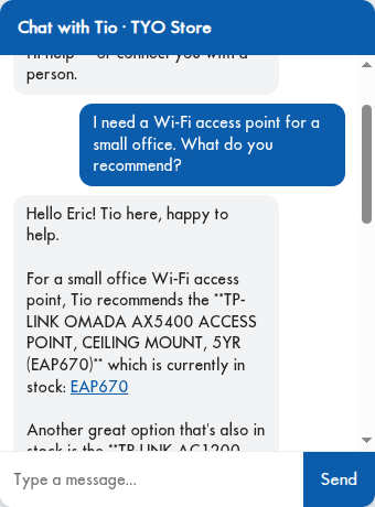 Tio greeting a signed-in customer by name and recommending real products from the catalog, with clickable links